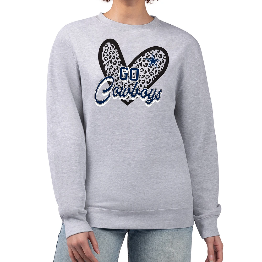 Women's G-III 4Her by Carl Banks Heather Gray Dallas Cowboys Leopard Heart Pullover Sweatshirt