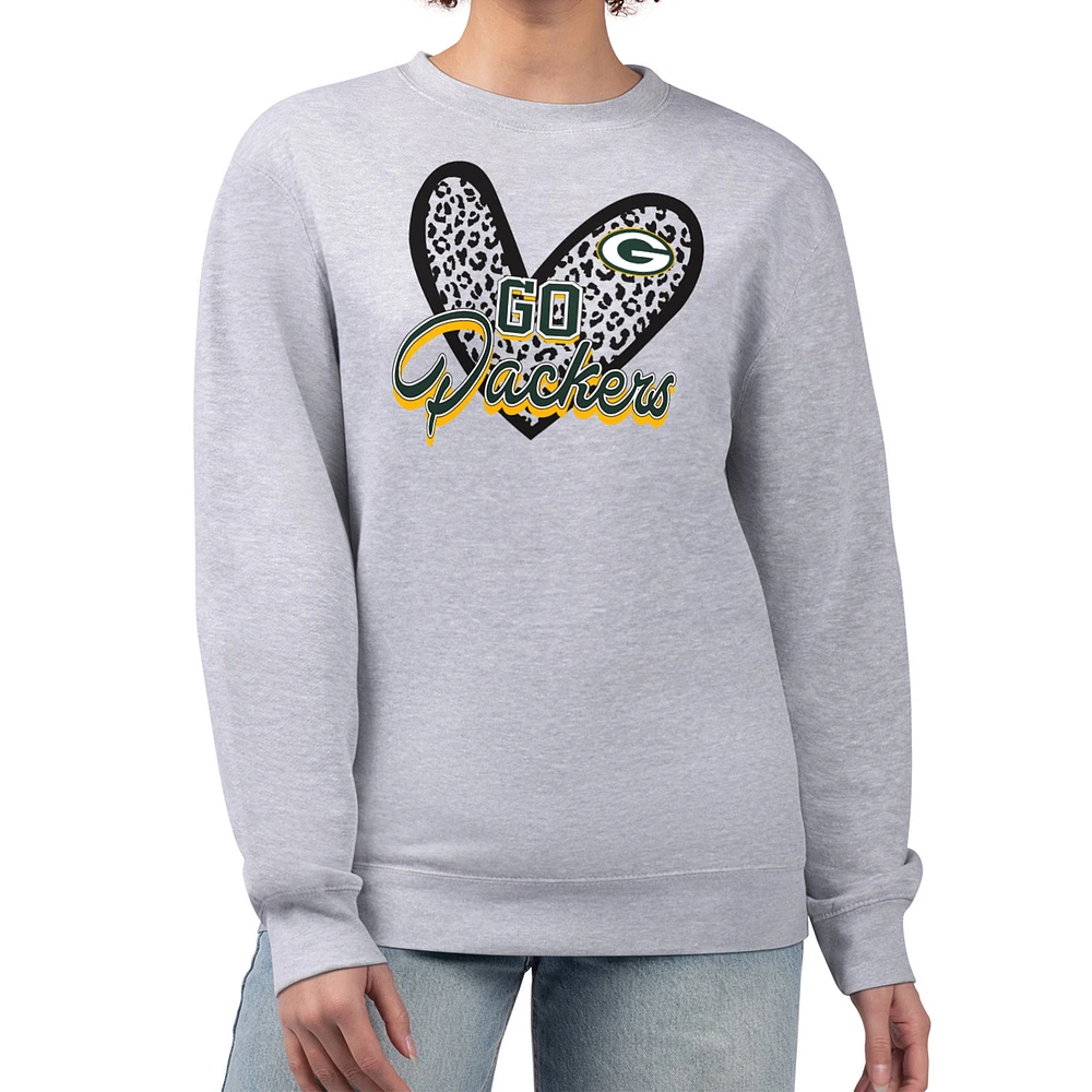 Women's G-III 4Her by Carl Banks Heather Gray Green Bay Packers Leopard Heart Pullover Sweatshirt
