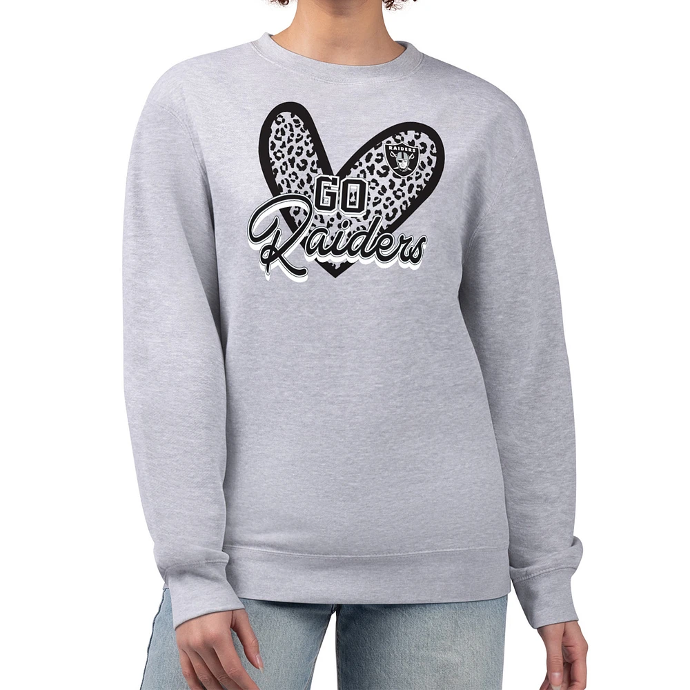 Women's G-III 4Her by Carl Banks Heather Gray Las Vegas Raiders Leopard Heart Pullover Sweatshirt