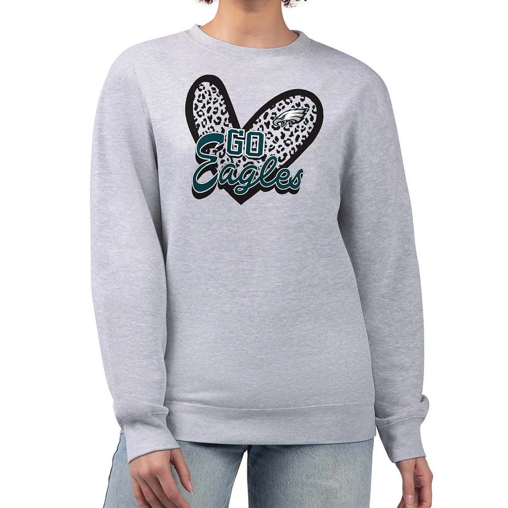 Women's G-III 4Her by Carl Banks Heather Gray Philadelphia Eagles Leopard Heart Pullover Sweatshirt