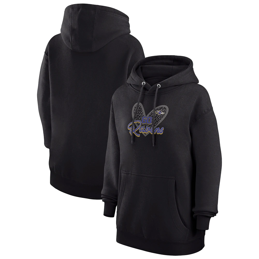 Women's G-III 4Her by Carl Banks Black Baltimore Ravens Animal Print Heart Team Graphic Fleece Tri-Blend Pullover Hoodie