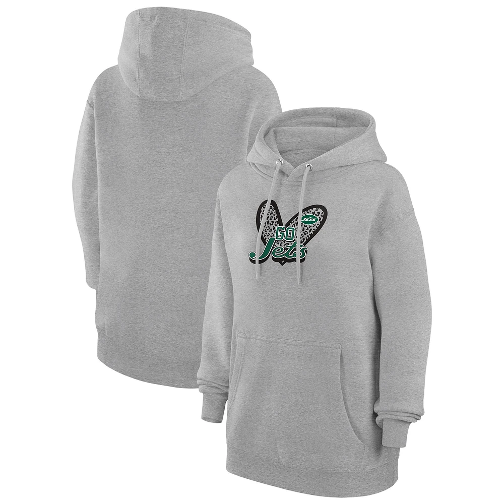 Women's G-III 4Her by Carl Banks Heather Gray New York Jets Animal Print Heart Team Graphic Fleece Tri-Blend Pullover Hoodie