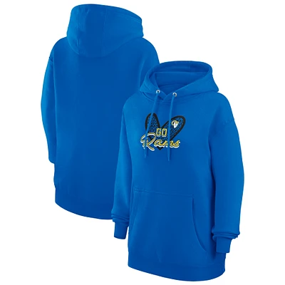 Women's G-III 4Her by Carl Banks Royal Los Angeles Rams Animal Print Heart Team Graphic Fleece Tri-Blend Pullover Hoodie