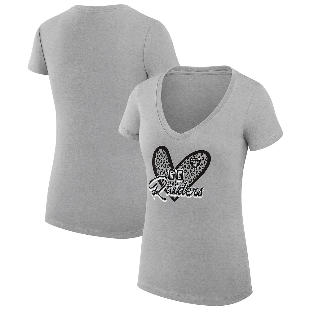 Women's G-III 4Her by Carl Banks Heather Gray Las Vegas Raiders Leopard Heart Fitted V-Neck T-Shirt