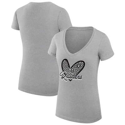 Women's G-III 4Her by Carl Banks Heather Gray Las Vegas Raiders Leopard Heart Fitted V-Neck T-Shirt