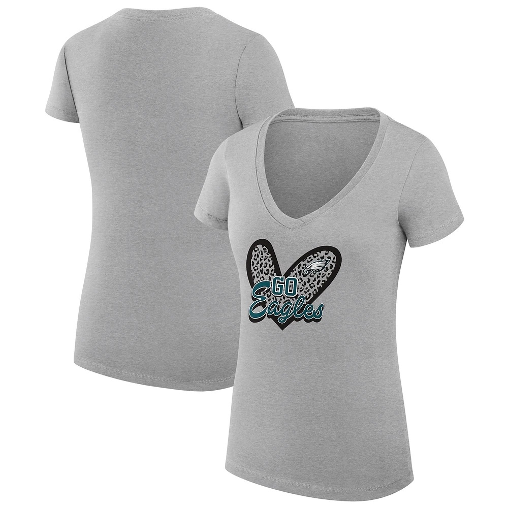 Women's G-III 4Her by Carl Banks Heather Gray Philadelphia Eagles Leopard Heart Fitted V-Neck T-Shirt