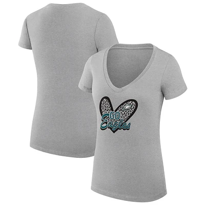 Women's G-III 4Her by Carl Banks Heather Gray Philadelphia Eagles Leopard Heart Fitted V-Neck T-Shirt