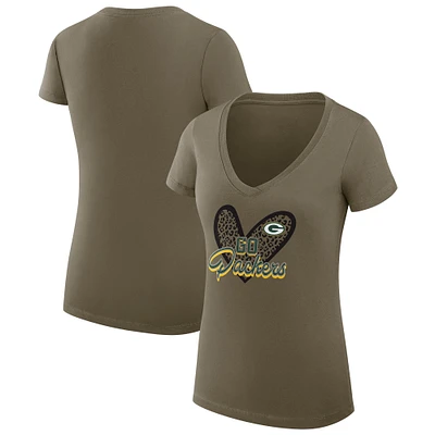 Women's G-III 4Her by Carl Banks Olive Green Bay Packers Leopard Heart Fitted V-Neck T-Shirt