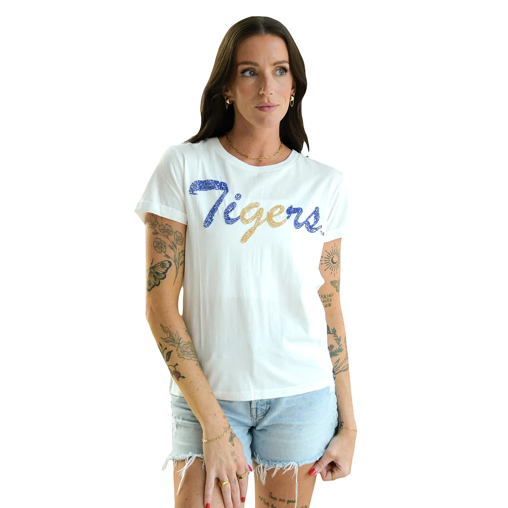 Women's White LSU Tigers Hand Sewn Beaded Script T-Shirt