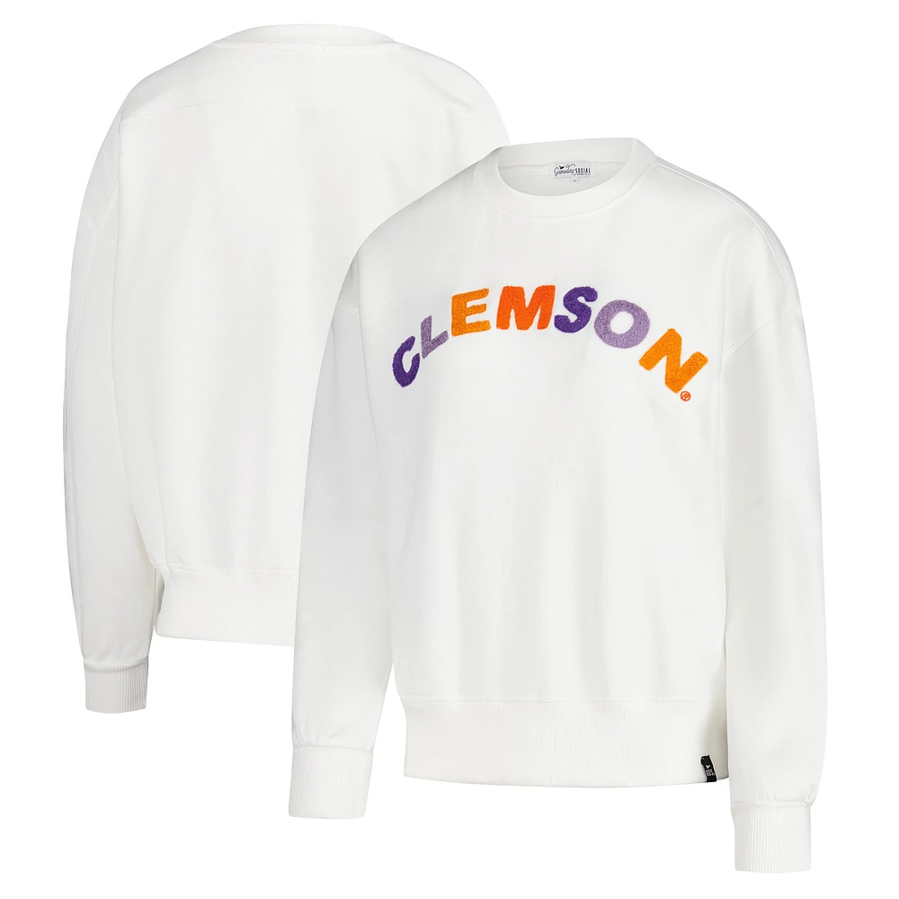 Women's Gameday Social  White Clemson Tigers Charlie Rainbow Chenille Arch Pullover Sweatshirt