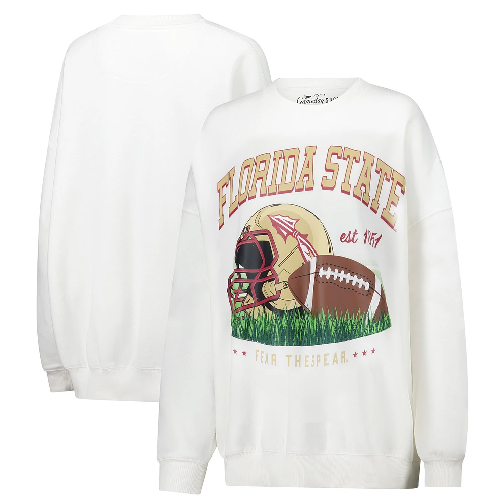 Women's White Florida State Seminoles Oversized Malone Multimedia Football Pullover Sweatshirt