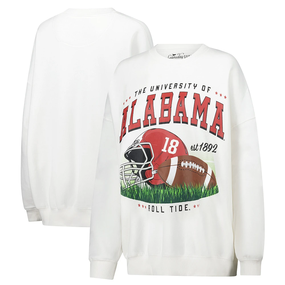 Women's White Alabama Crimson Tide Oversized Football Crewneck Sweatshirt