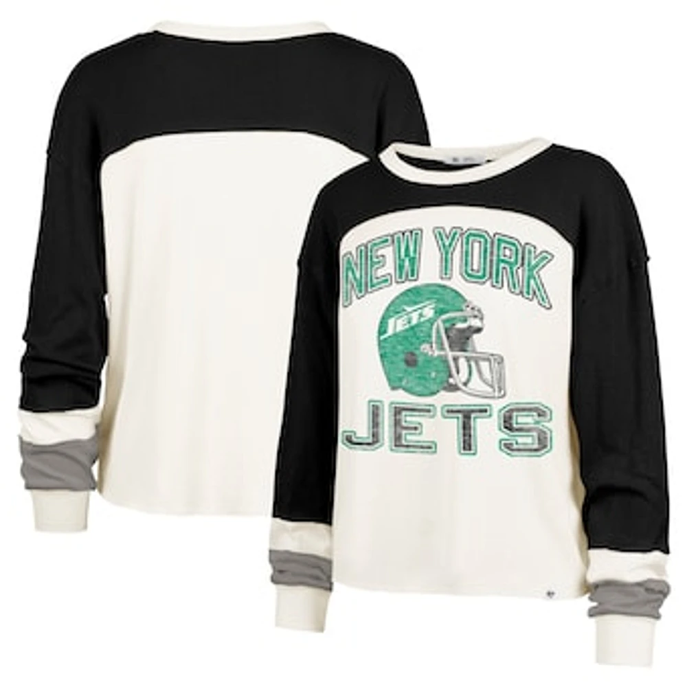 Women's '47 Cream New York Jets Double Header Curve Raglan Long Sleeve Crop Top