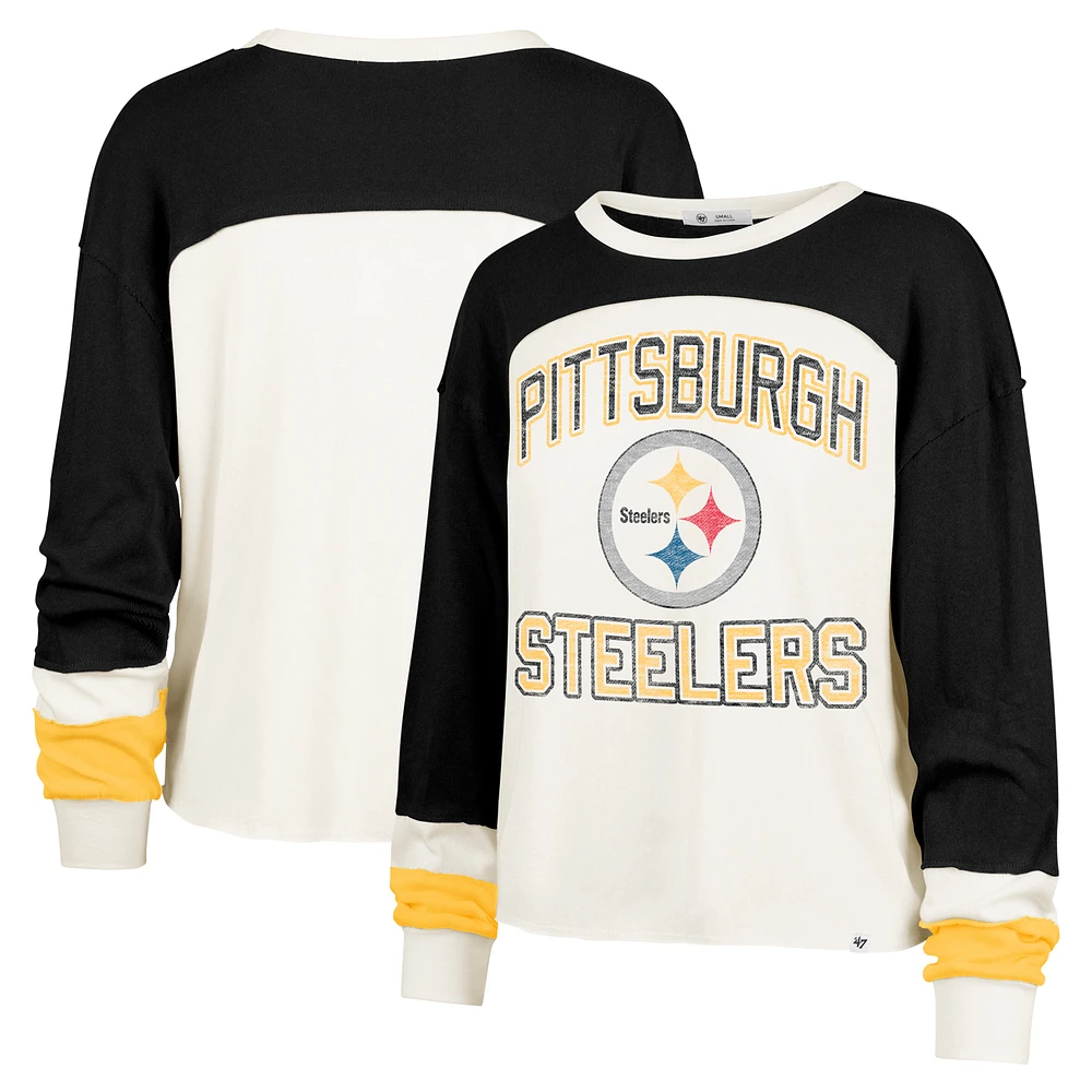 Women's '47 Cream Pittsburgh Steelers Double Header Curve Raglan Long Sleeve Crop Top