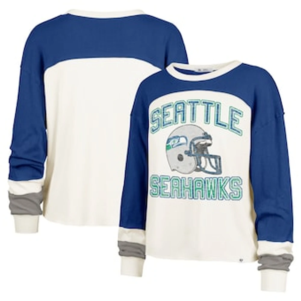 Women's '47 Cream Seattle Seahawks Double Header Curve Raglan Long Sleeve Crop Top