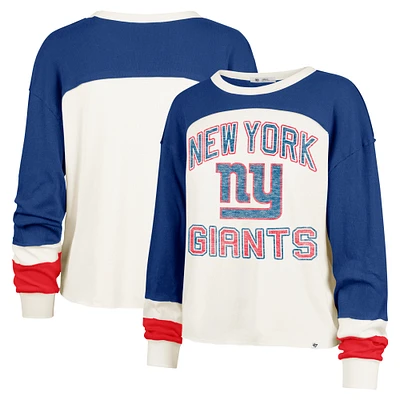 Women's '47 Cream New York Giants Double Header Curve Raglan Long Sleeve Crop Top