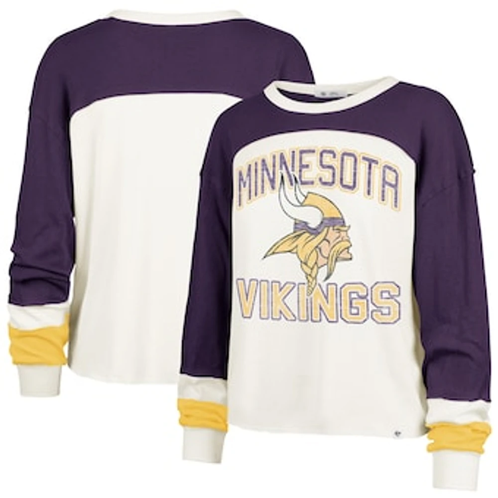 Women's '47 Cream Minnesota Vikings Double Header Curve Raglan Long Sleeve Crop Top