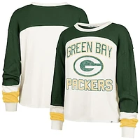 Women's '47 Cream Green Bay Packers Double Header Curve Raglan Long Sleeve Crop Top