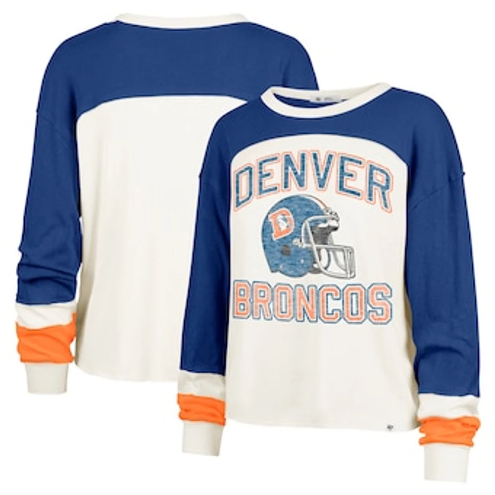 Women's '47 Cream Denver Broncos Double Header Curve Raglan Long Sleeve Crop Top