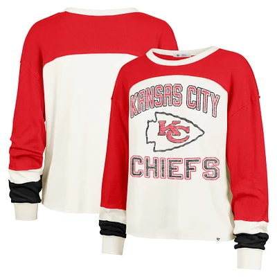 Women's '47 Cream Kansas City Chiefs Double Header Curve Raglan Long Sleeve Crop Top