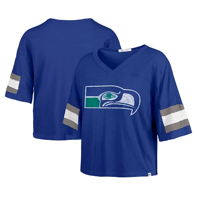 Women's '47 Royal Seattle Seahawks  Double Header Scout Cropped V-Neck T-Shirt