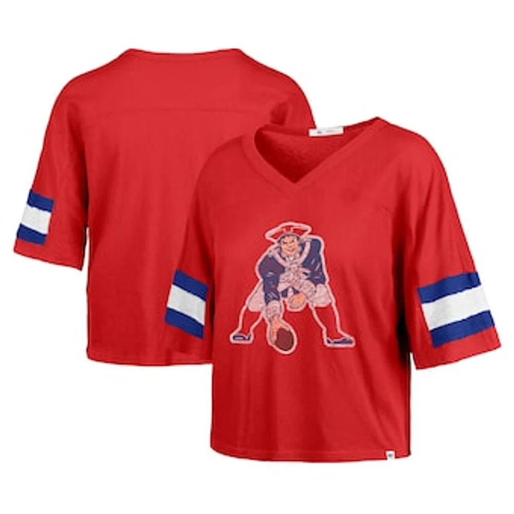 Women's '47 Red New England Patriots  Double Header Scout Cropped V-Neck T-Shirt