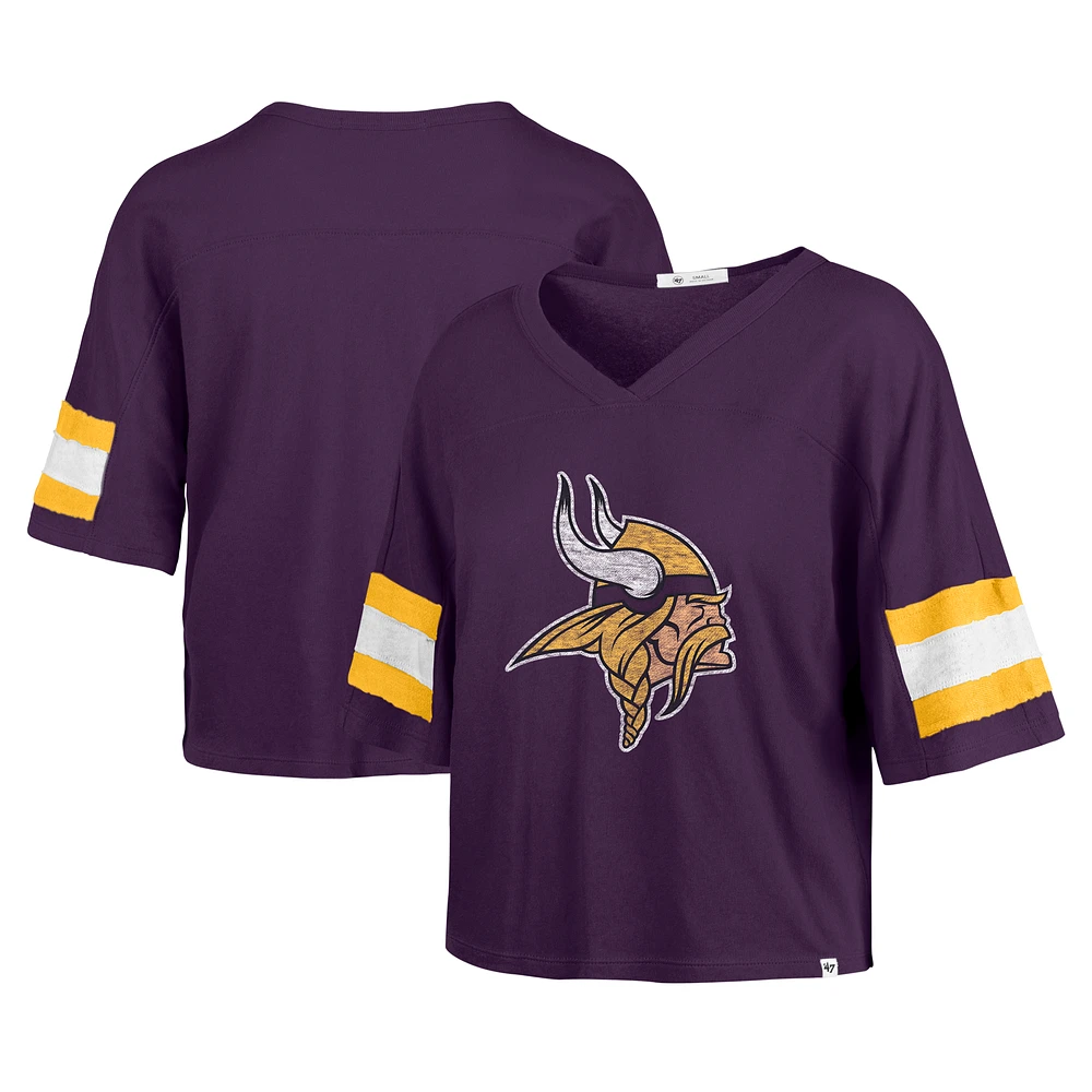 Women's '47 Purple Minnesota Vikings  Double Header Scout Cropped V-Neck T-Shirt