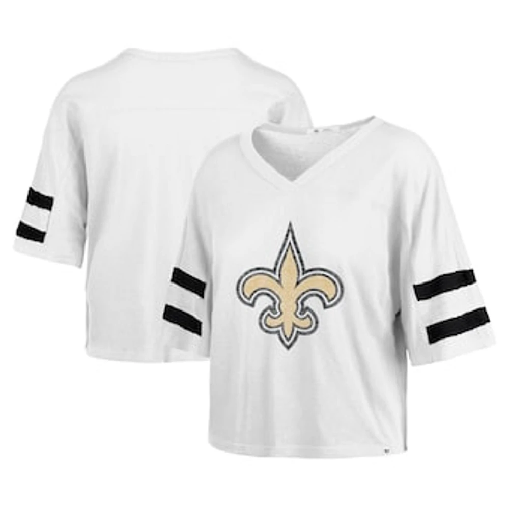 Women's '47 White New Orleans Saints  Double Header Scout Cropped V-Neck T-Shirt