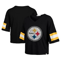 Women's '47 Black Pittsburgh Steelers  Double Header Scout Cropped V-Neck T-Shirt