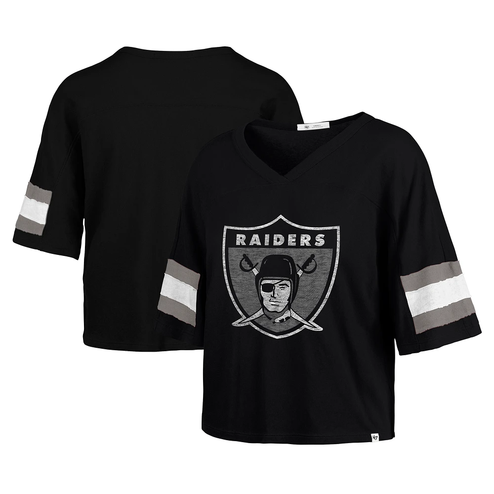 Women's '47 Black Las Vegas Raiders  Double Header Scout Cropped V-Neck T-Shirt