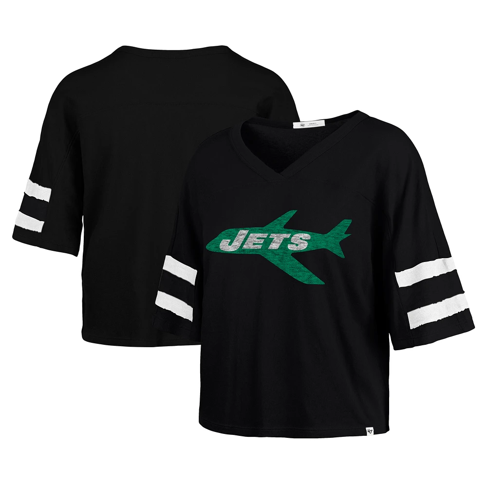 Women's '47 Black New York Jets  Double Header Scout Cropped V-Neck T-Shirt