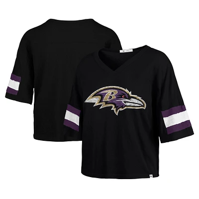 Women's '47 Black Baltimore Ravens  Double Header Scout Cropped V-Neck T-Shirt