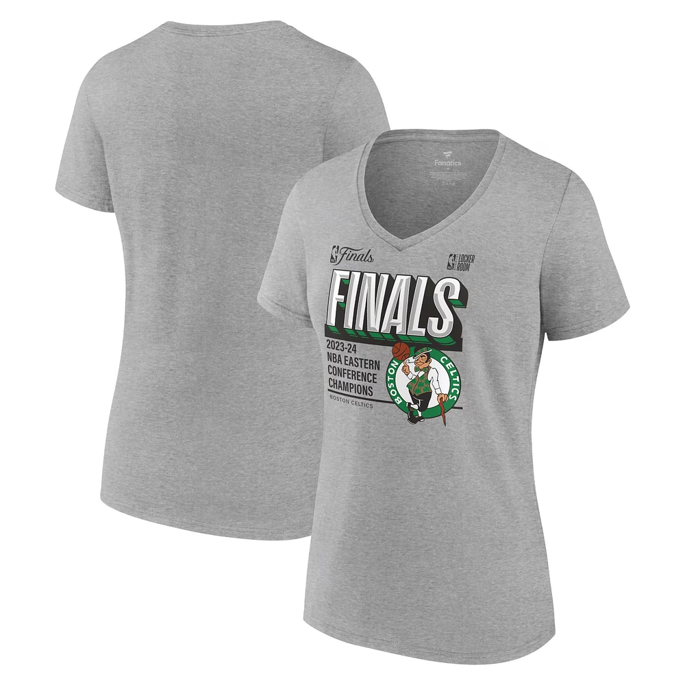 Women's Fanatics Heather Gray Boston Celtics 2024 Eastern Conference Champions Locker Room Plus V-Neck T-Shirt