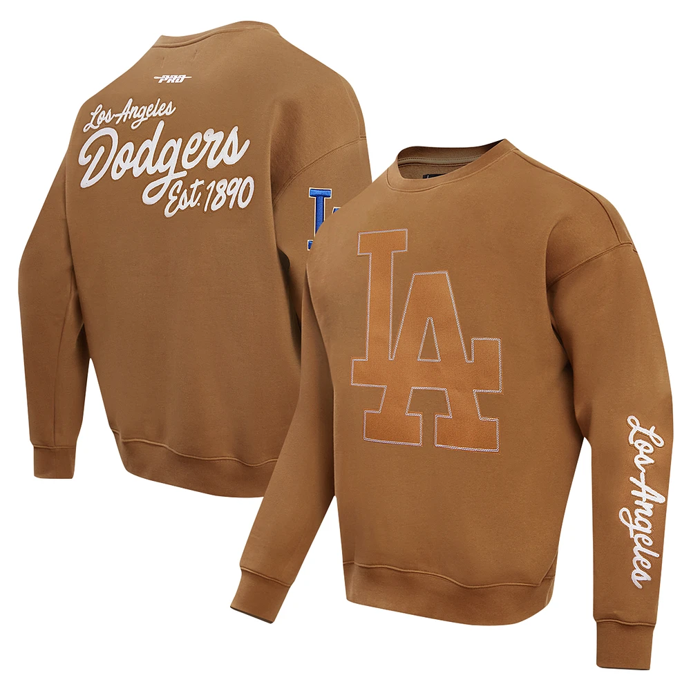 Men's Pro Standard Brown Los Angeles Dodgers Paint The City Dropped Shoulder Pullover Sweatshirt