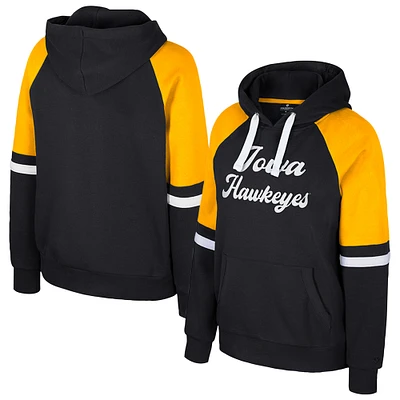 Women's Colosseum Black Iowa Hawkeyes Oversized Colorblock Pullover Hoodie