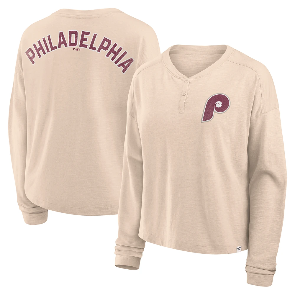 Women's Fanatics Tan Philadelphia Phillies Oversized Stadium Slub Long Sleeve Henley T-Shirt