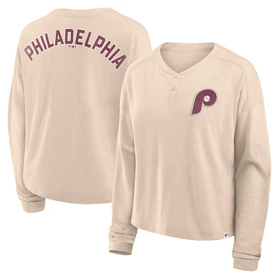 Women's Fanatics Tan Philadelphia Phillies Oversized Stadium Slub Long Sleeve Henley T-Shirt