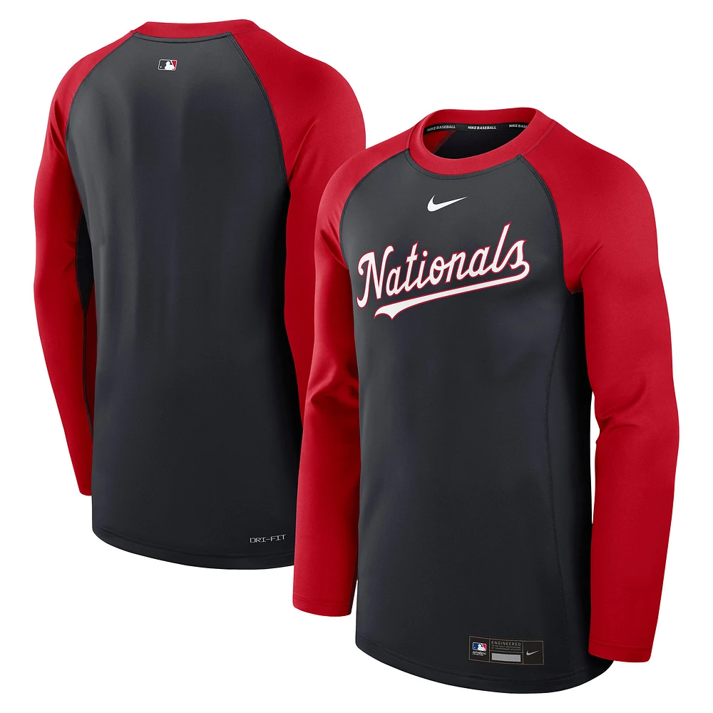 Men's Nike Navy/Red Washington Nationals Authentic Collection Game Time Raglan Performance Long Sleeve T-Shirt