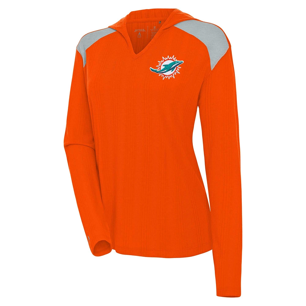 Women's Antigua  Orange Miami Dolphins Opulent Long Sleeve Hoodie T-Shirt