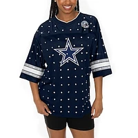 Women's Gameday Couture Navy Dallas Cowboys All-Over Rhinestone Sports Stripe Kickoff V-Neck Fashion Half-Sleeve Jersey Top