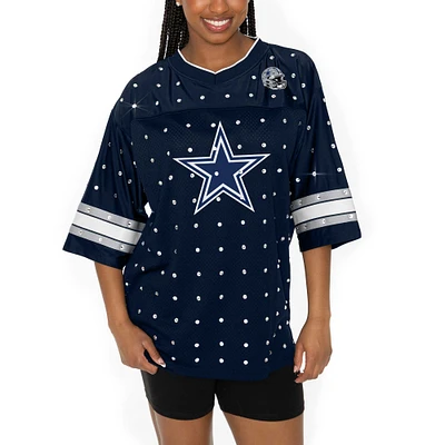 Women's Gameday Couture Navy Dallas Cowboys All-Over Rhinestone Sports Stripe Kickoff V-Neck Fashion Half-Sleeve Jersey Top