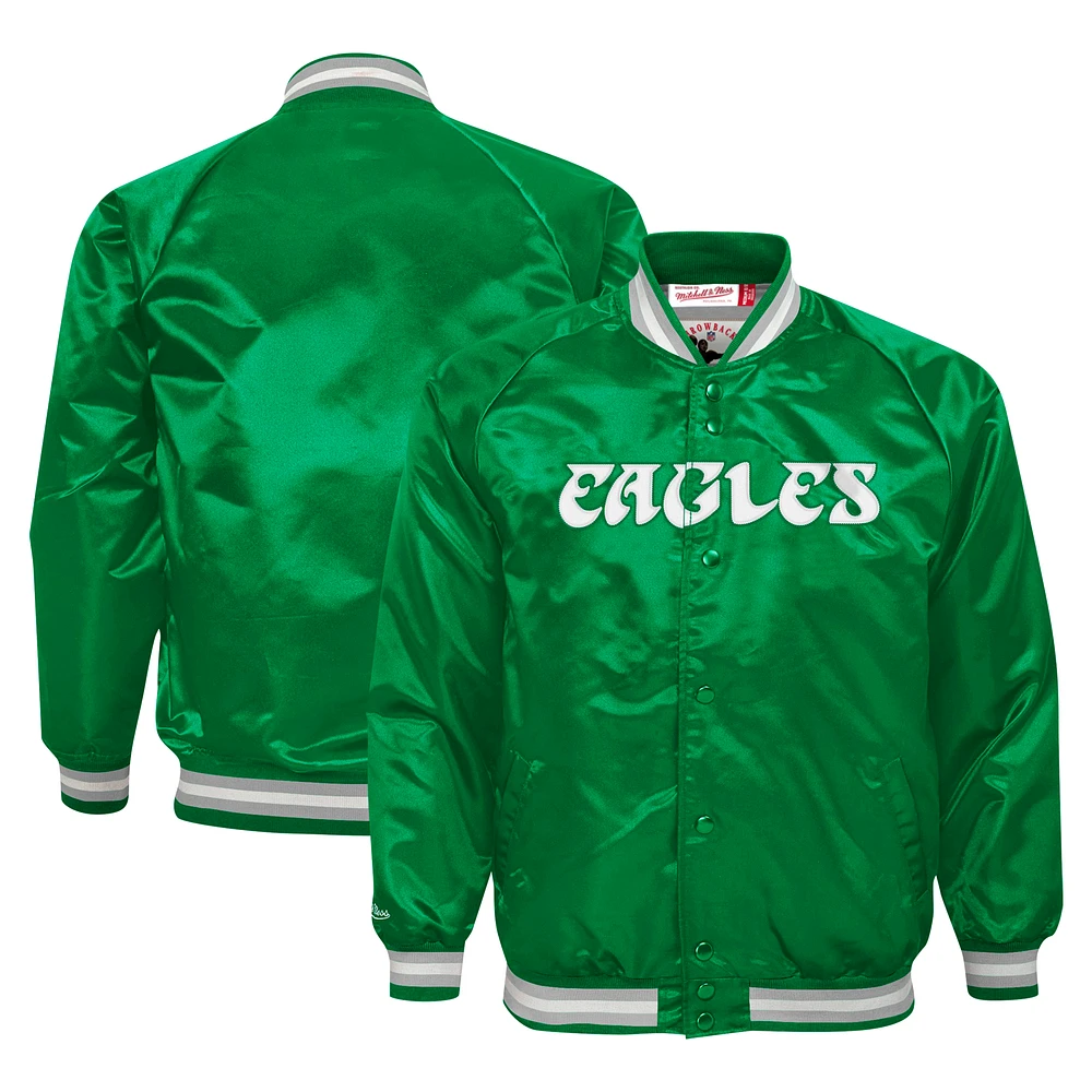 Youth Mitchell & Ness Kelly Green Philadelphia Eagles Satin Raglan Full-Snap Jacket