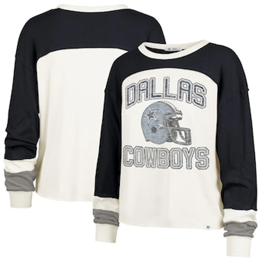 Women's '47 Cream/Navy Dallas Cowboys Plus Double Header Curve Toni Long Sleeve T-Shirt