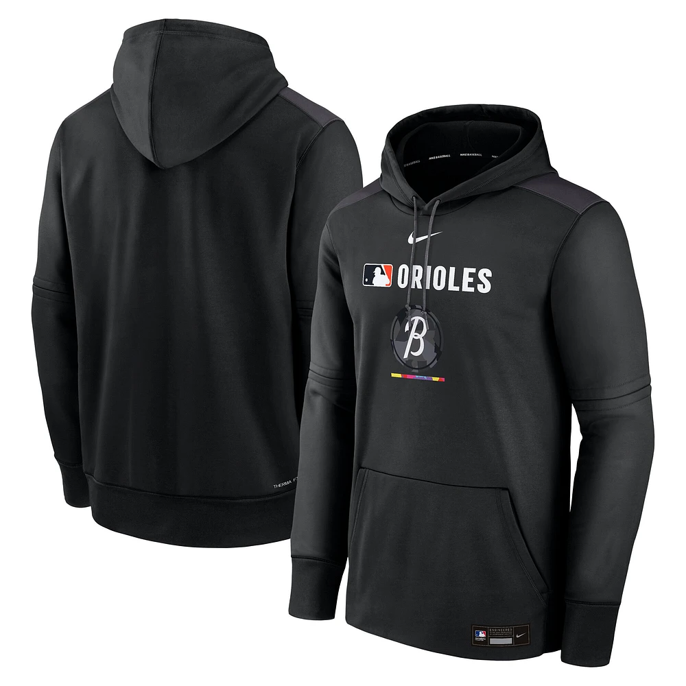 Men's Nike Black Baltimore Orioles Authentic Collection City Connect Therma Pullover Hoodie
