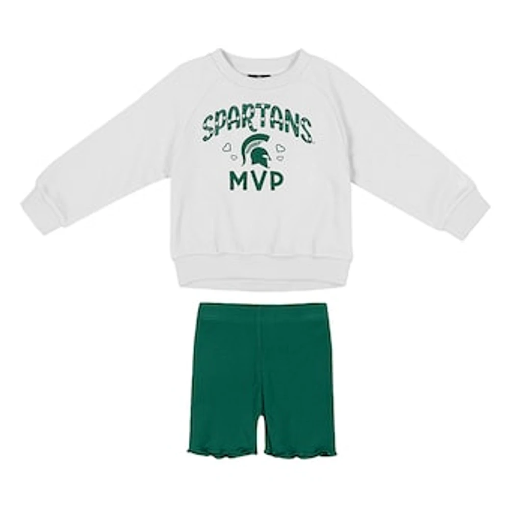 Girls Toddler Colosseum  White/Green Michigan State Spartans Beta Fleece Sweatshirt and Shorts Set