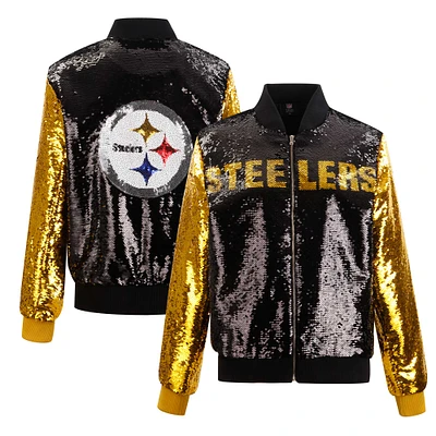 Women's Cuce Black Pittsburgh Steelers Two-Tone Team Colored Full-Zip Sequin Jacket