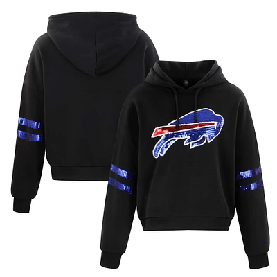 Women's Cuce Black Buffalo Bills Cropped Sequins Pullover Hoodie