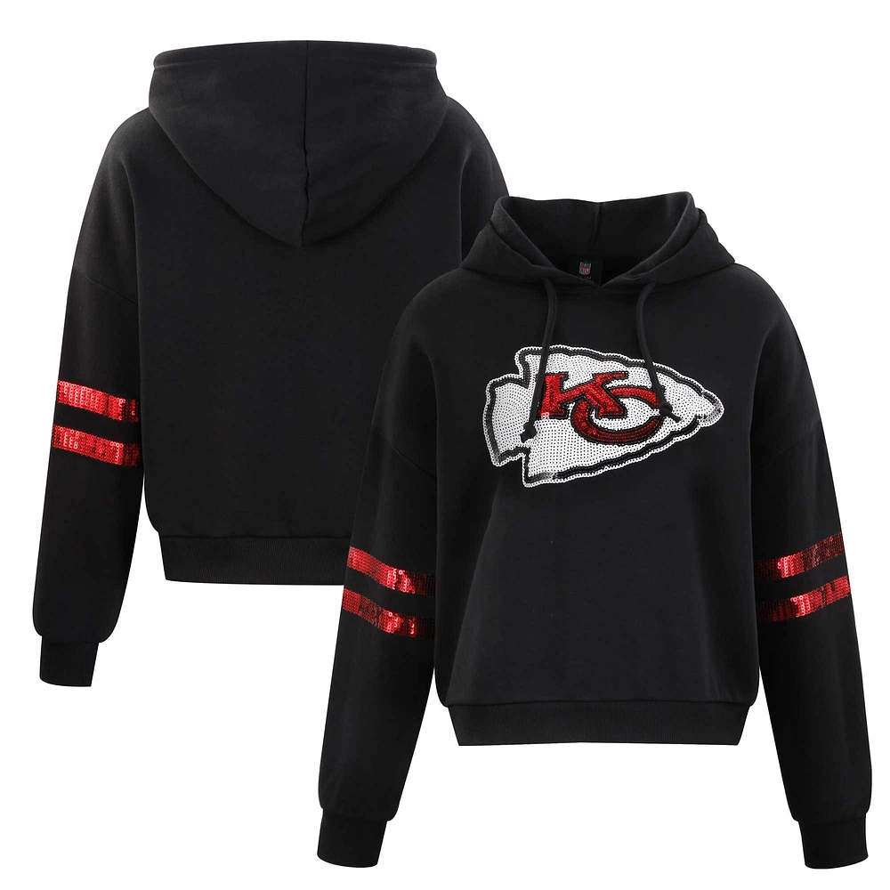 Women's Cuce Black Kansas City Chiefs Cropped Sequins Pullover Hoodie