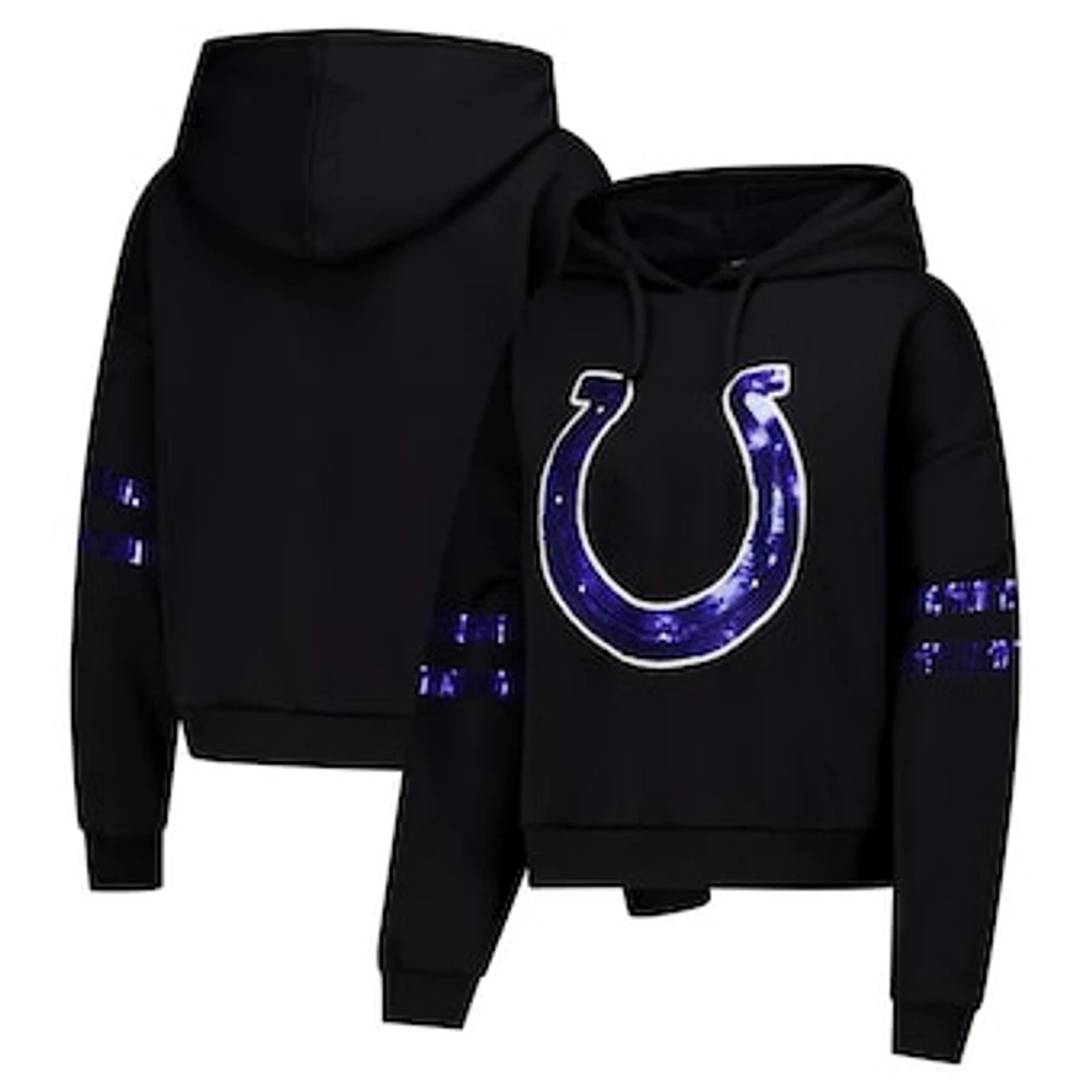 Women's Cuce Black Indianapolis Colts Cropped Sequins Pullover Hoodie