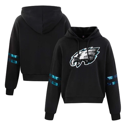 Women's Cuce Black Philadelphia Eagles Cropped Sequins Pullover Hoodie